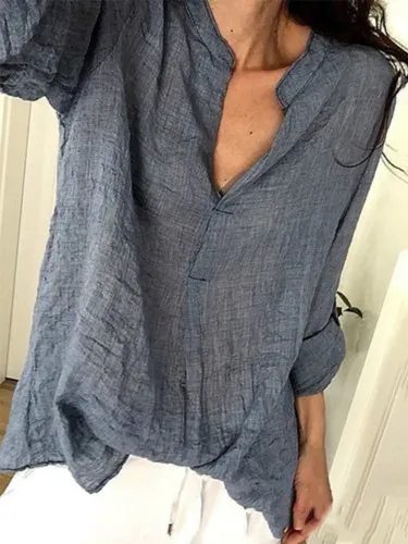 V Neck Long Sleeve Linen Solid Blouses