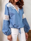 V neck Embroidered Solid Balloon Sleeve Blouse