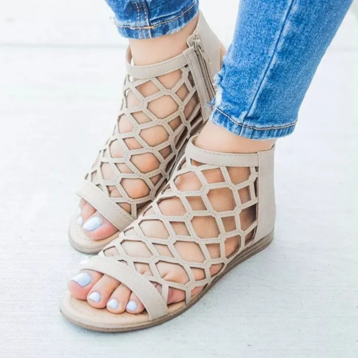 Women Zipper Strappy Open Toe Plain Hollow Flat Sandals