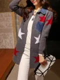 Star Wool Blend Patchwork Pockets Long Sleeve Cardigans