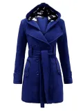 Women Double Breasted Slim Hoodie Solid Casual Long Pea Coat with Belt