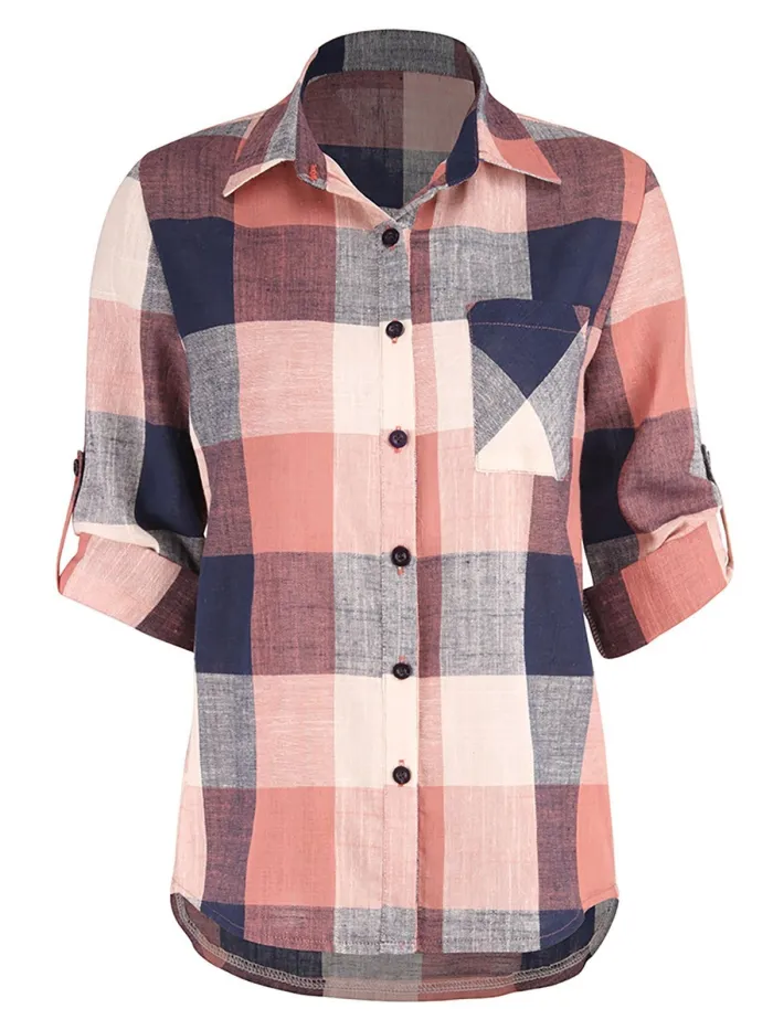 Casual Cotton Shirt Collar Gingham Blouse