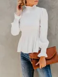 Women's Fashion Solid Chiffon Turtle Neck Solid Shirred Long Sleeve Blouses