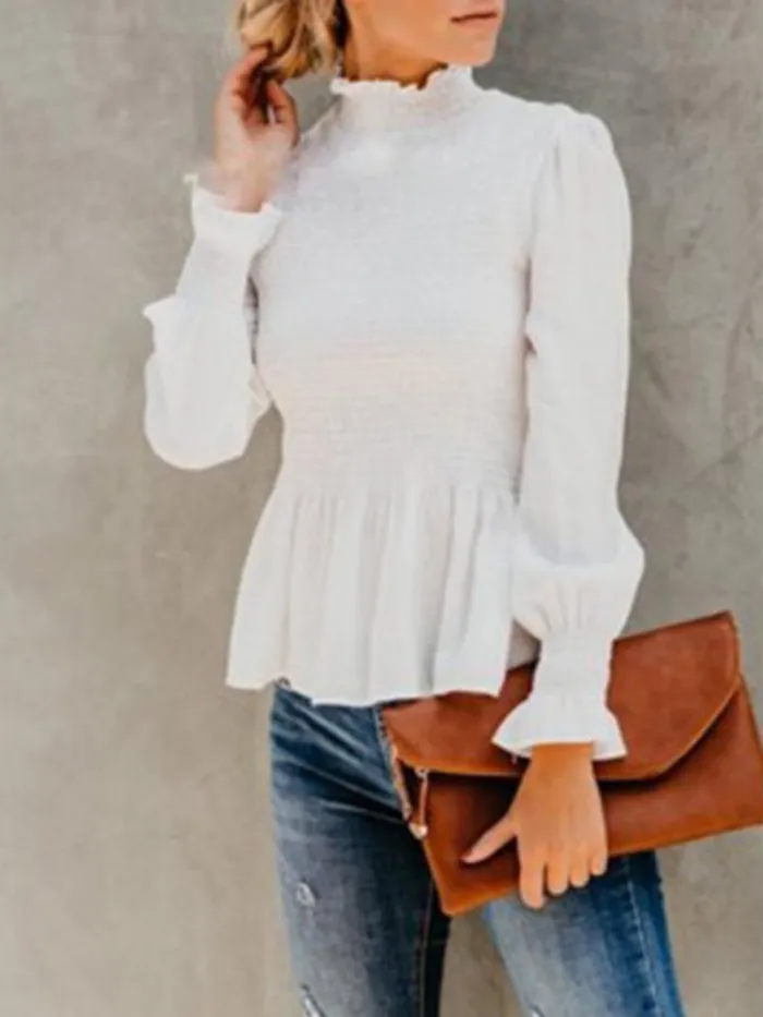 Women's Fashion Solid Chiffon Turtle Neck Solid Shirred Long Sleeve Blouses