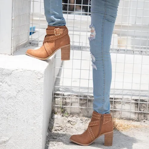 Women Flocking Booties Casual Comfort Chunky Heel Zipper Shoes