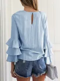 Crew Neck Solid Tiered Long Sleeve Blouse