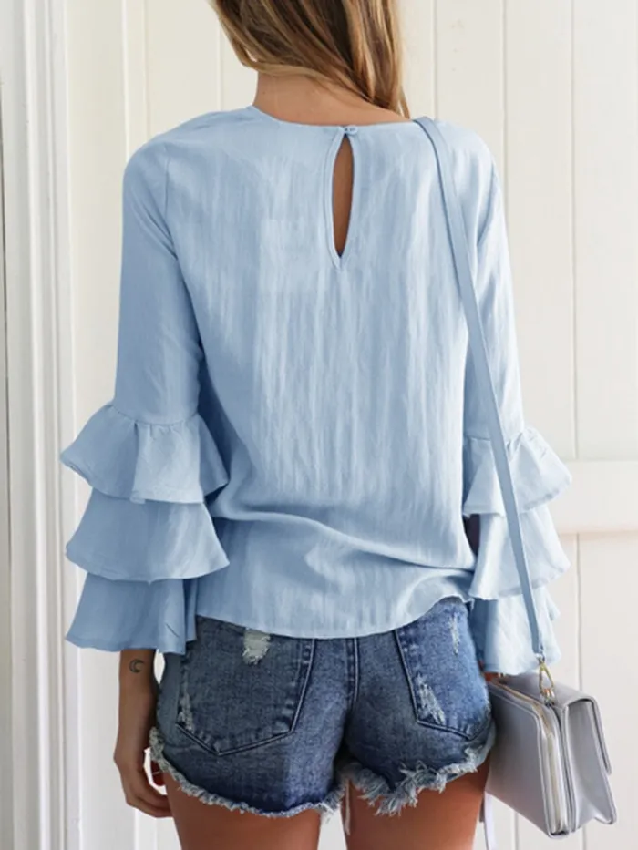 Crew Neck Solid Tiered Long Sleeve Blouse