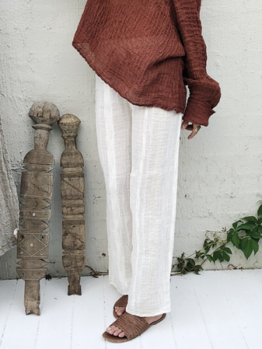 White Linen Solid Casual Pants
