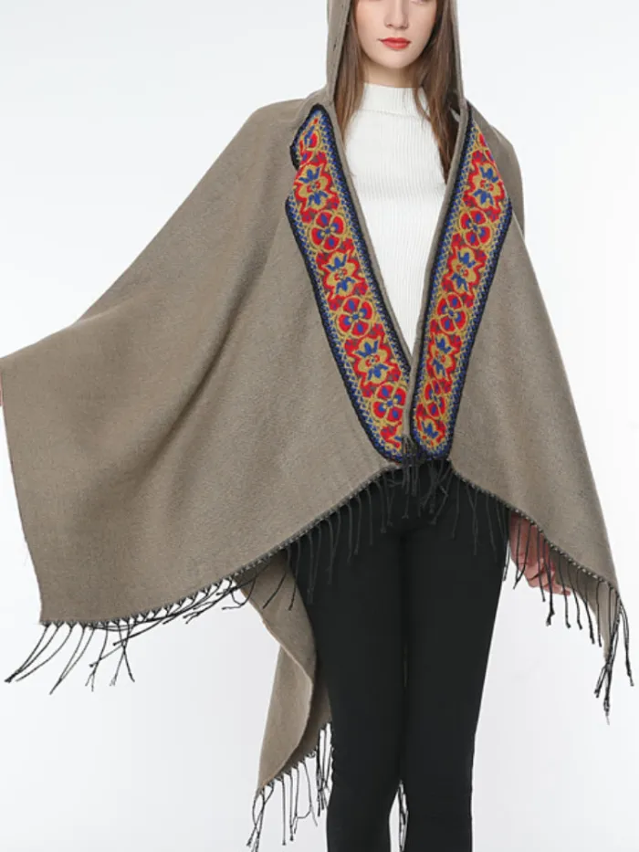 Hoodie Solid Vintage Paneled Winter Cardigans Wool Blend  Woven Cape