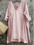V Neck 3/4 Sleeve Striped Casual Bat Sleeve Tops
