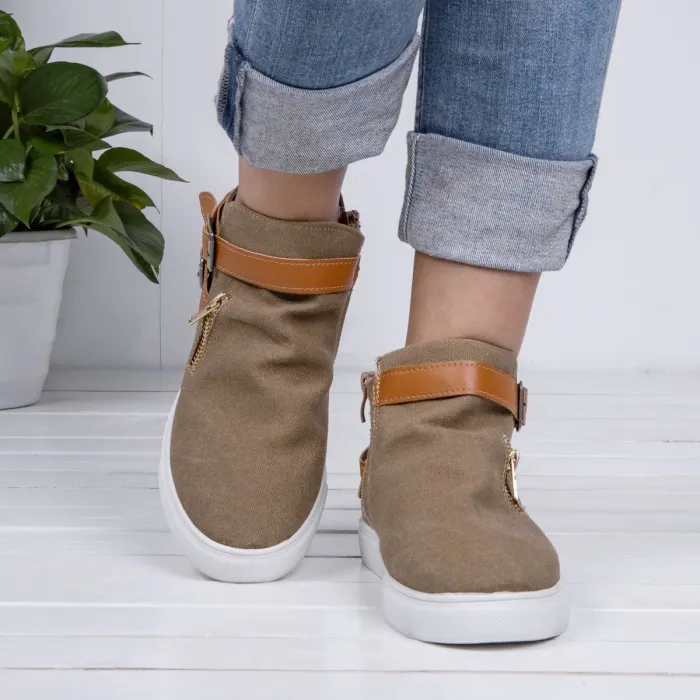 Plus Size Canvas Ankle Boots Flat Heel Buckle Booties with Zipper