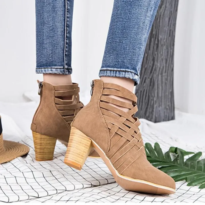 Weave Zipper Casual Chunky Heel Suede Boots