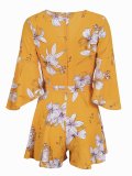 Women Chiffon Overlay Flare Sleee Floral Print Romper Dress