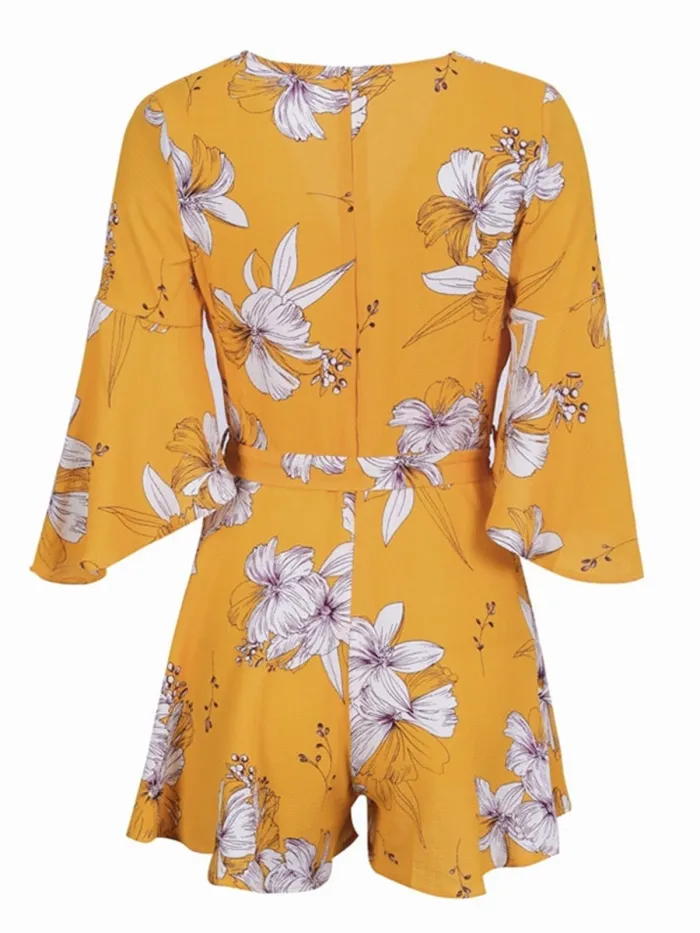 Women Chiffon Overlay Flare Sleee Floral Print Romper Dress