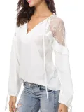 Deep V-Neck Lace Casual Solid Paneled Elegant Blouse