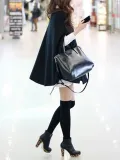 Black Cape Sleeve Crew Neck Solid Poncho