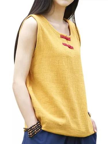 Round Neck Casual Sleeveless Cotton Shirts & Tops