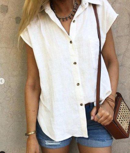 Casual Plain Shirt Collar Cotton-Blend Blouses&shirts