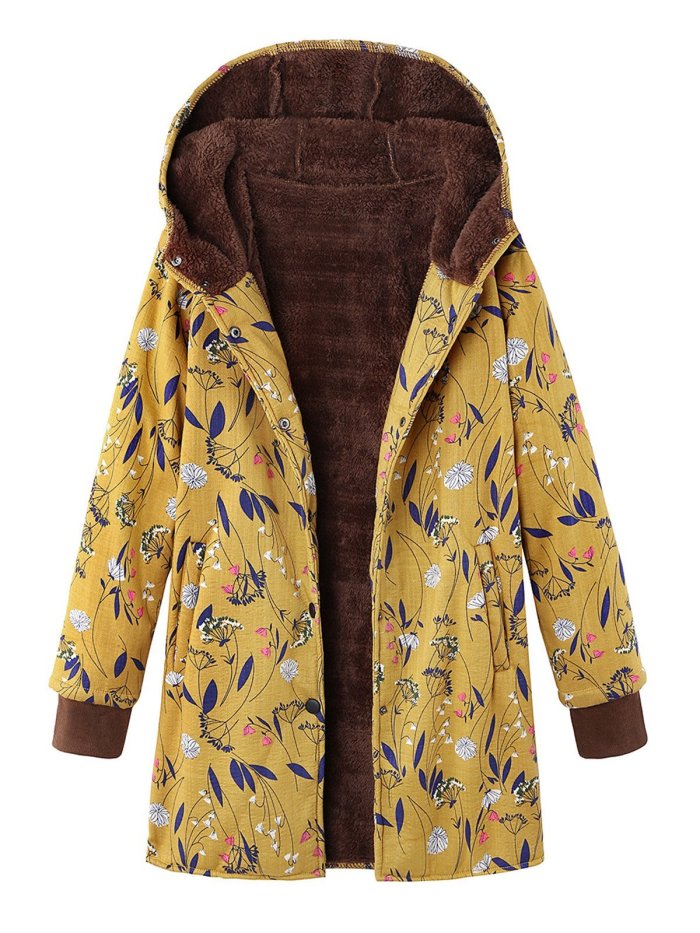 Vintage Floral-Print Hoodie Buttoned Long Sleeve Coat