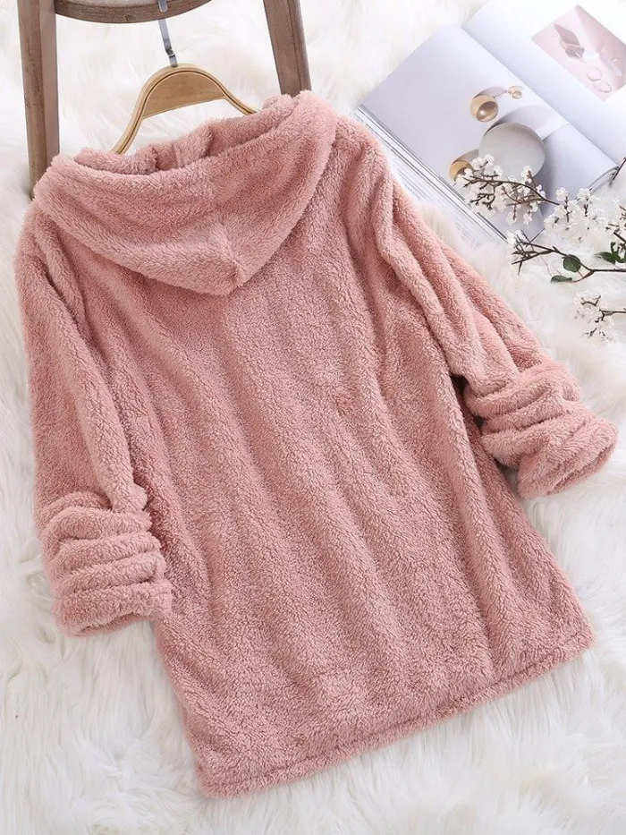 Women Winter a Long Hooded Sweatshirt Mohair Solid Color
