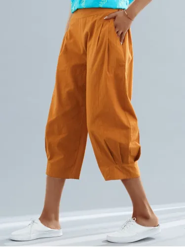 Plus Size Women Solid Cotton And Linen Casual Loose Wide Leg Cropped Trousers