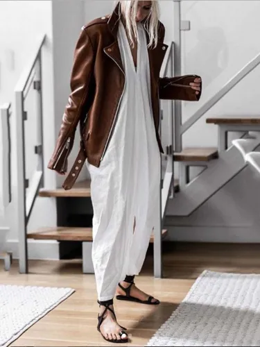 White V Neck Casual Cotton-Blend Dresses