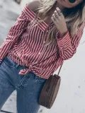 Casual Cold Shoulder Asymmetric Neck Striped Shirt