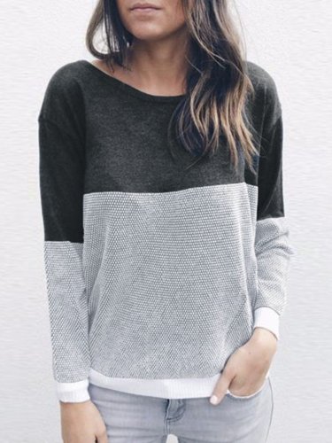 Crew Neck Casual Solid Paneled Sweater