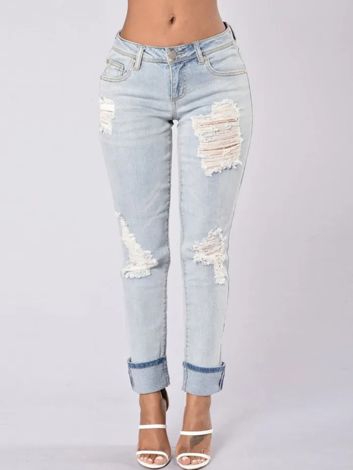 Worn Hole Patchwork Gradient Pocket Jeans