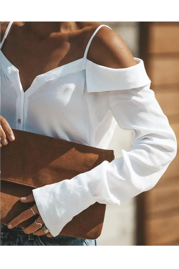 Sexy Off Shoulder Pure Color Long Sleeve Chiffon Strap Shirt