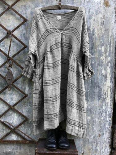Casual Linen V-Neck 3/4 Sleeve Striped Plus Size Bat Sleeve Tops