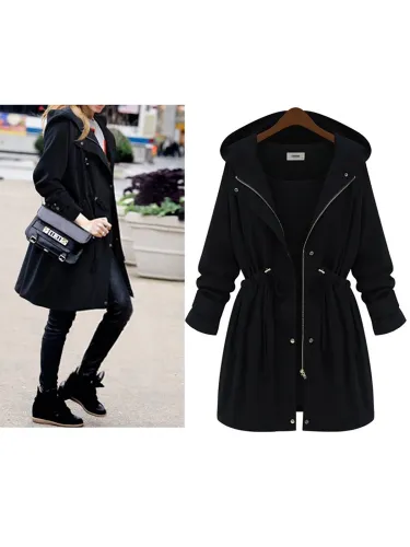 Drawstring Waist Zipper Hoodie Coat
