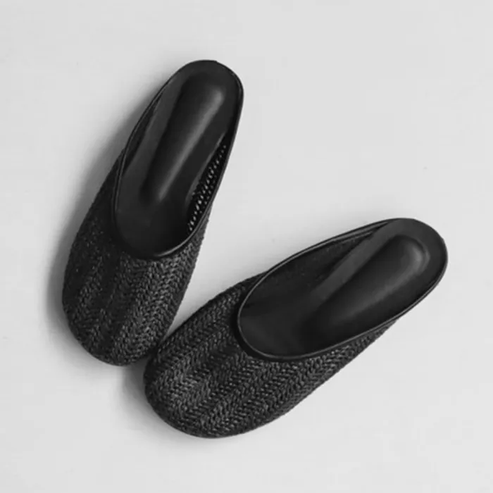 Women Beach Pu Flats Faux Straw Braided Slippers Shoes