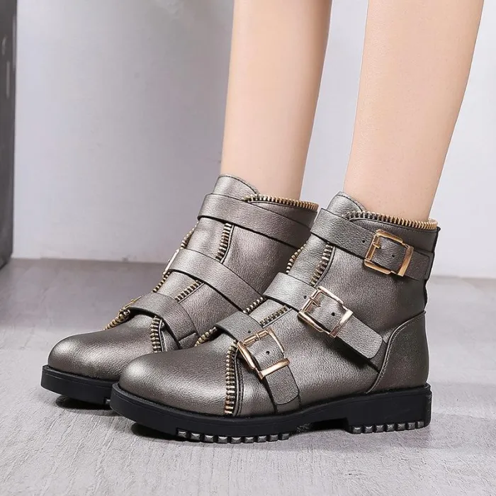 Gunmetal Zipper Daily Adjustable Buckle Spring/Fall Chunky Heel Boot