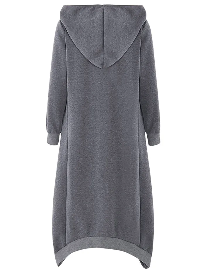 Hooded Long Sleeve Zip Irregular Long Coat
