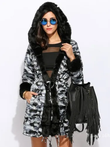 Cony Hair Warm Camouflage Long Sleeve Hoodie Casual Coat