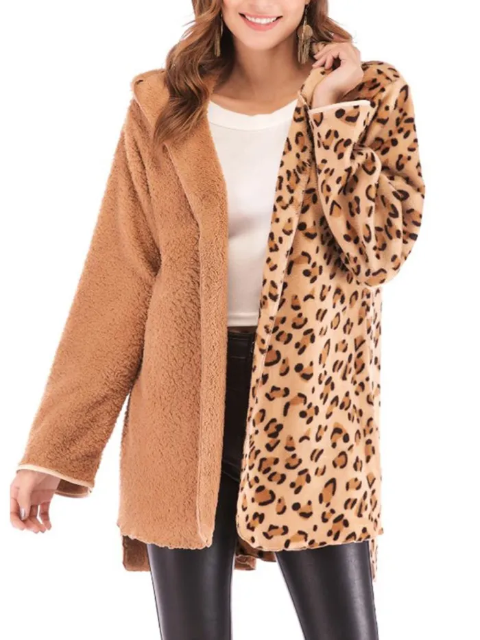 Hooded Loose Fitting Patchwork Leopard Printed Outerwear