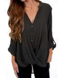Casual Polyester V Neck Buttoned Blouse