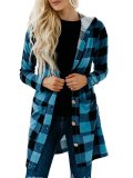 Gingham Casual Buttoned Women's Boyfriend Cardigans With Hoodie