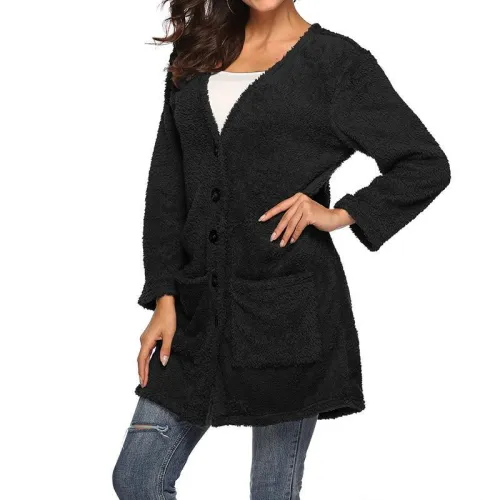 Women Long Sleeve Thick Double-sided Plush Cardigan Coat Jacket