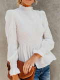 Women's Fashion Solid Chiffon Turtle Neck Solid Shirred Long Sleeve Blouses