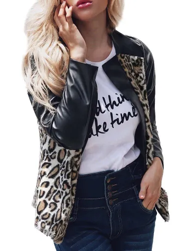 Leopard Print Patchwork V Neck Winter Long Sleeve PU Coat