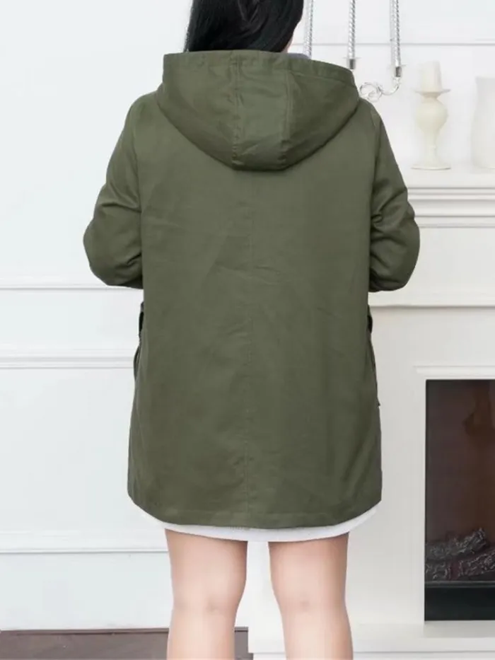 Casual Women Pockets Hooded Trench Appliqued Long Sleeve Hoodie Coat
