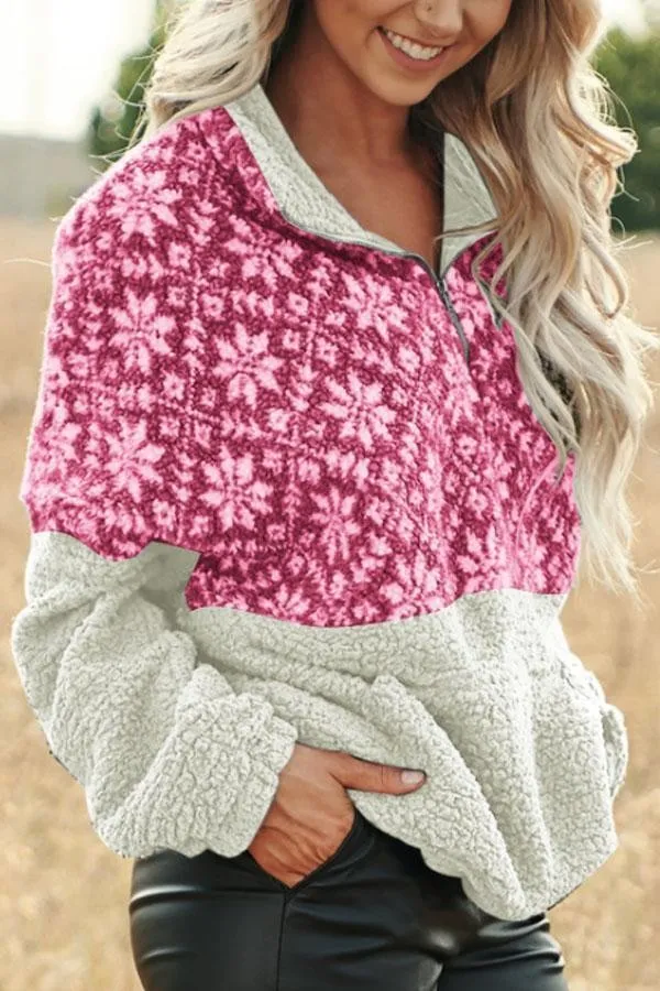 Christmas Snowflake Pullover Bend Collar Zipper Print Teddy Outerwear
