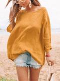 Solid Round Neck Casual Cotton-Blend Shirts & Tops