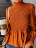 Women's Fashion Solid Chiffon Turtle Neck Solid Shirred Long Sleeve Blouses