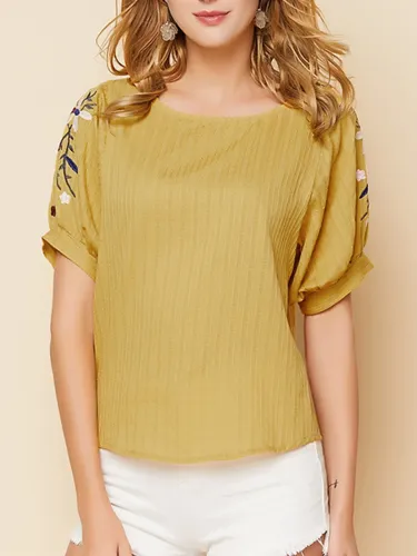 Yellow Short Sleeve Crew Neck Cotton Shirts & Tops
