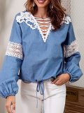 V neck Embroidered Solid Balloon Sleeve Blouse
