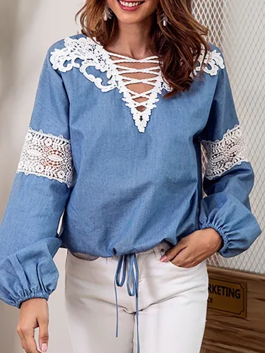 V neck Embroidered Solid Balloon Sleeve Blouse