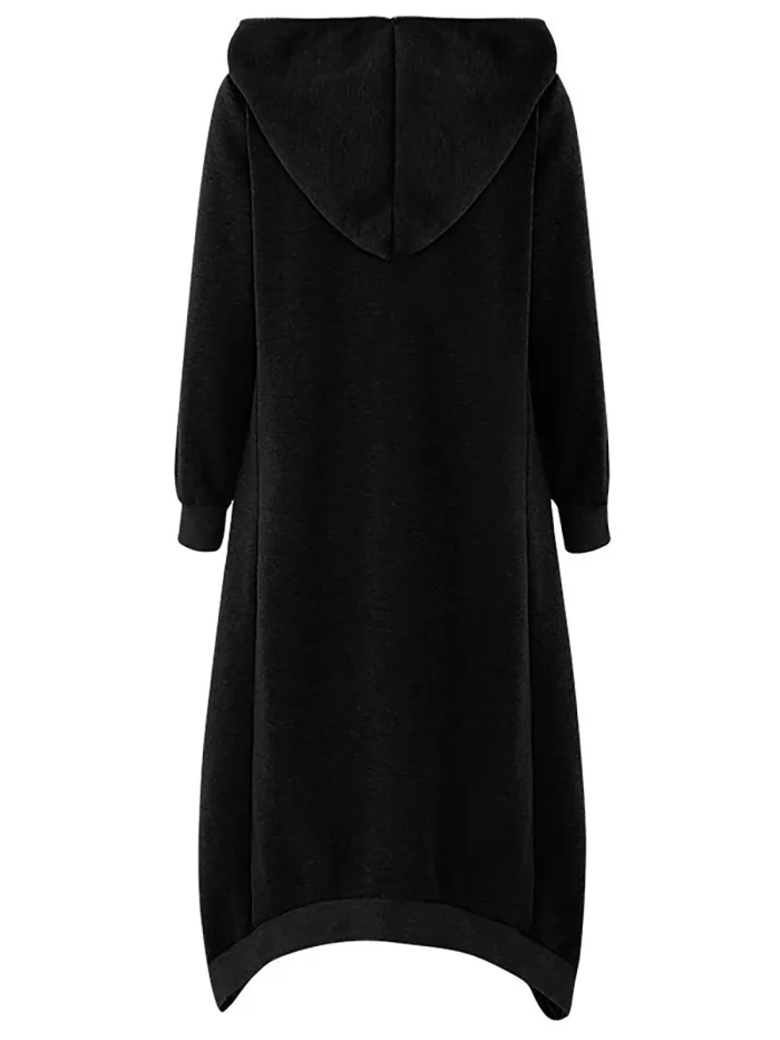 Hooded Long Sleeve Zip Irregular Long Coat